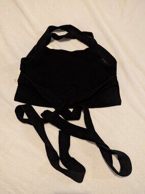 Wilfred| Aritzia | ‘Cayenne’ Black Cross-Back Tie Knit Cropped Top Sz XS